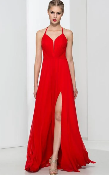 Halter Split-Front Criss-Cross Prom Dress