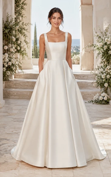 Simple Square Neck Satin A-Line Wedding Dress with Full Skirt and Train