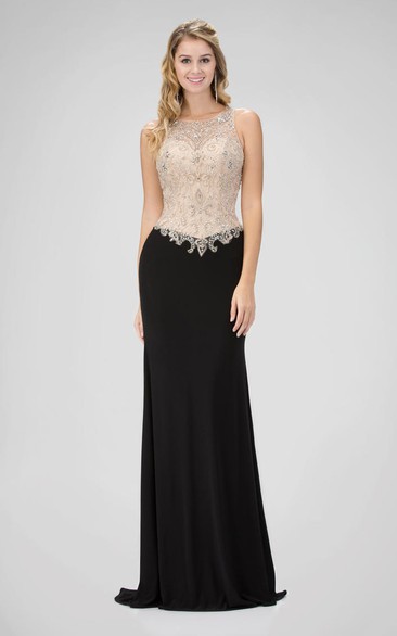 Sheath Scoop-Neck Sleeveless Jersey Illusion Dress With Beading