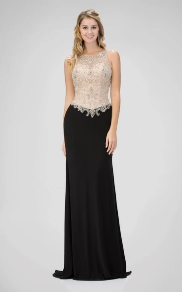 Sheath Scoop-Neck Sleeveless Jersey Illusion Dress With Beading