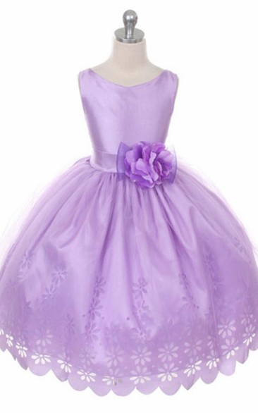 Tea-Length Floral Floral Satin Flower Girl Dress