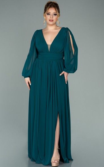 Long Queen's Gown Chiffon Dress with Slit and V Neck Stormy Plus Size