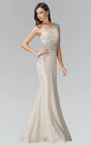 Sheath Maxi One-Shoulder Sleeveless Lace Dress With Beading And Pleats