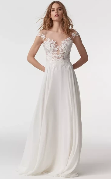 Chiffon Empire Off-the-shoulder Sheath Floor-length Low-v Back Wedding Dress with Lace Top