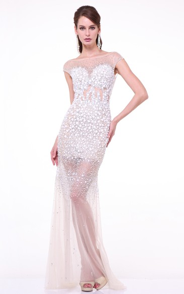 Sheath Long Bateau Cap-Sleeve Tulle Deep-V Back Dress With Crystal Detailing