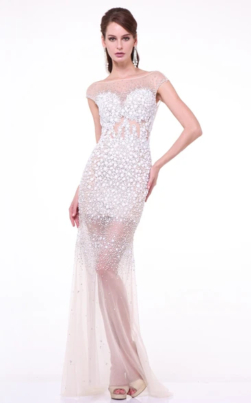 Sheath Long Bateau Cap-Sleeve Tulle Deep-V Back Dress With Crystal Detailing