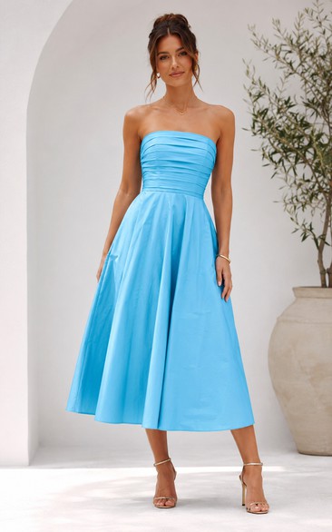 Pool Strapless Satin Tea-Length A-Line Dress