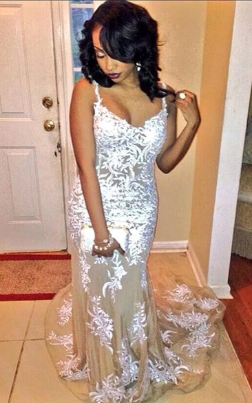 Charming Strap Lace Appliques Evening Dress Tulle Floor Length