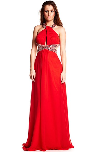 Maxi Sleeveless Beaded Halter Chiffon Prom Dress With Brush Train