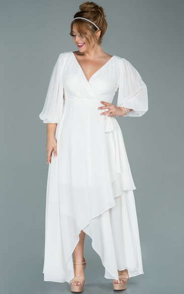 Chiffon Dress with Rhinestone-Adorned V-Neck White Plus Size main image 1