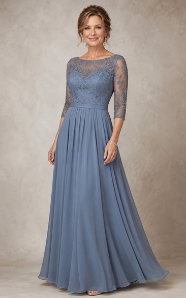 A-Line Bateau 3/4 Length Sleeve Chiffon Mother Dress with Lace