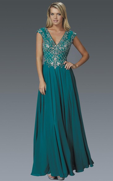 A-Line V-Neck Cap-Sleeve Chiffon Keyhole Dress With Beading And Pleats