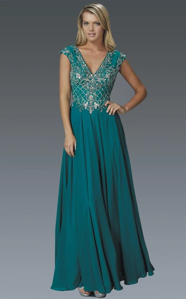 A-Line V-Neck Cap-Sleeve Chiffon Keyhole Dress With Beading And Pleats