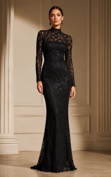 Black High Neck Long Sleeve Lace Sheath Wedding Dress