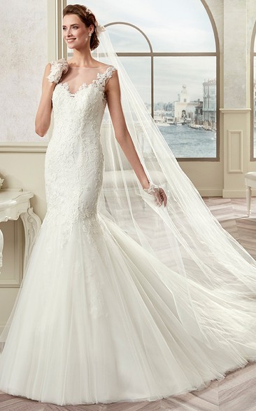 Cap Sleeve Mermaid Bridal Gown With Illusive Design And Open Back