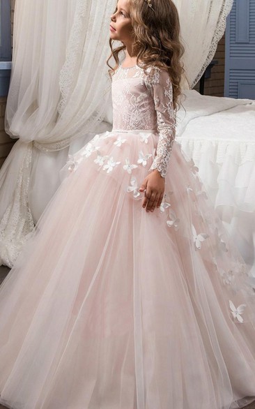 Tulle Bateau Long Sleeves Ball Gown Flower Girl Dress with Applique