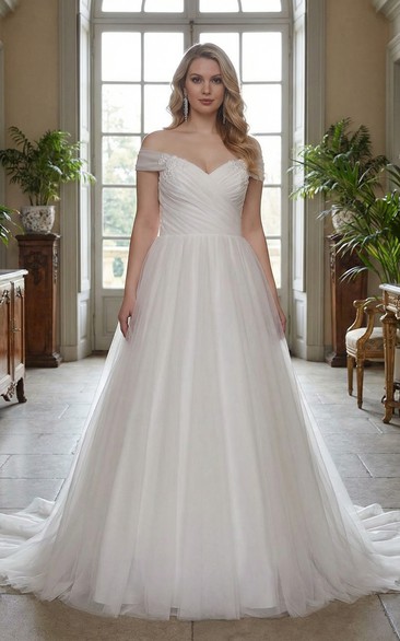 Off Shoulder Plus Size Tulle Ball Gown Wedding Dress with Ruched Bodice and Train