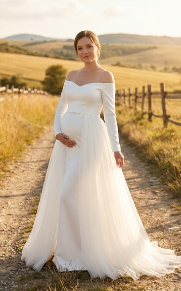 Off Shoulder Long Sleeve Maternity Wedding Dress with Tulle Overskirt and Sweep Train