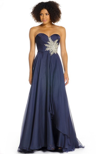 Sweetheart Floor-Length Criss-Cross Satin Chiffon Prom Dress With Beading