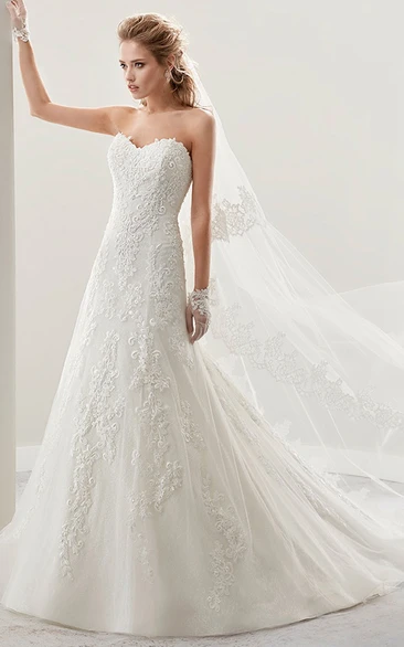 Strapless A-Line Lace Bridal Gown With Embroidered Lace And Half Back