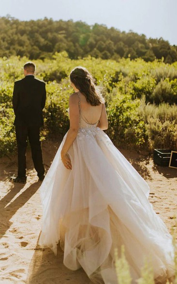 Blush Spaghetti Empire Plus Size Tulle Applique Ball Gown Beach Wedding Dress