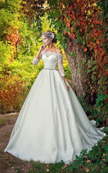 Off-the-shoulder A-line Satin Wedding Dress Styles With Lace Bodice And Beaded Waist