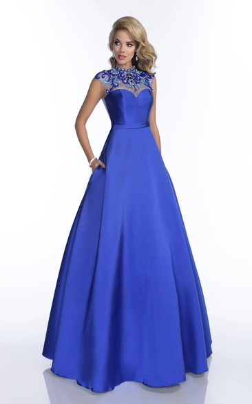 A-Line Jewel Neck Cap Sleeve Prom Dress Featuring Rhinestones Back
