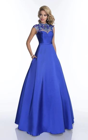 A-Line Jewel Neck Cap Sleeve Prom Dress Featuring Rhinestones Back