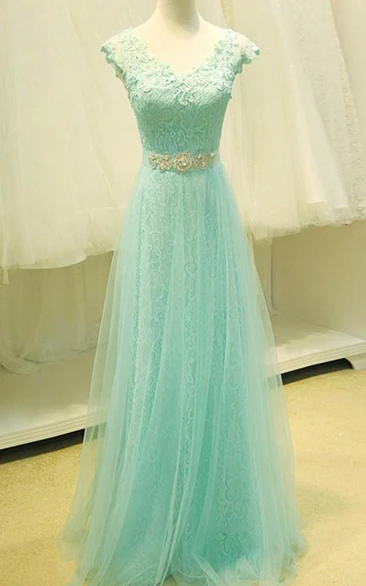 V-Neck Cap Sleeves Beading Lace Prom Dress