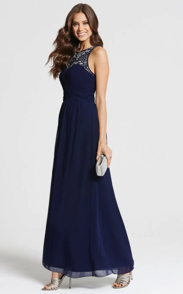 Ankle-Length Lace Sleeveless Scoop Neck Chiffon Bridesmaid Dress