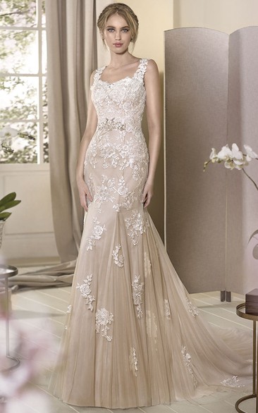 Sheath Square-Neck Sleeveless Floor-Length Appliqued Tulle&Lace Wedding Dress With Beading