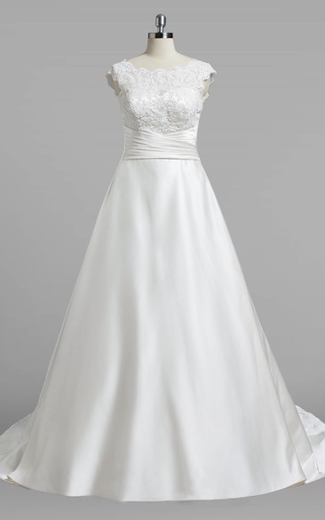 Bateau Neck Cap Sleeve A-Line Satin Simple Wedding Dress With Lce Top