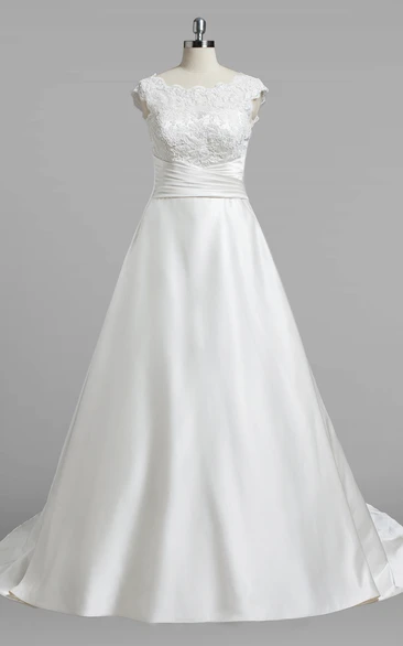 Bateau Neck Cap Sleeve A-Line Satin Simple Wedding Dress With Lce Top