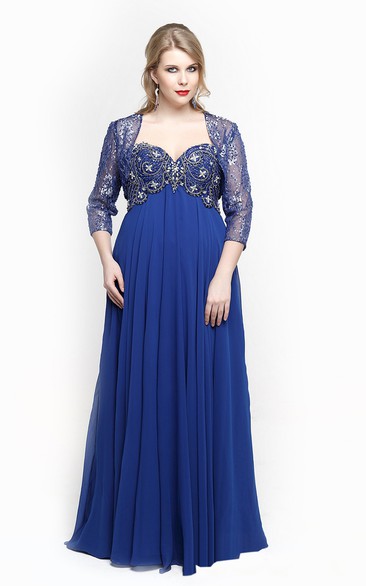 A-line Floor-length Sweetheart 3-4 Length Sleeve Chiffon Beading Dress