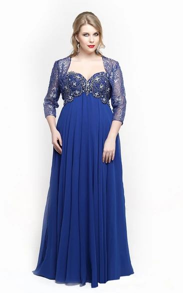 A-line Floor-length Sweetheart 3-4 Length Sleeve Chiffon Beading Dress