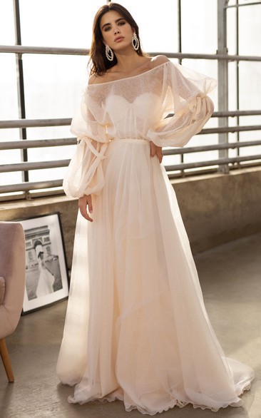 Off-the-shoulder Illusion A-line Tulle Puff-long-sleeve Empire Blush Wedding Dress