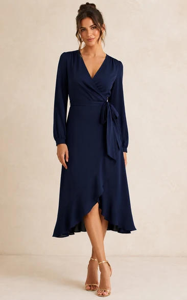 Dark Navy V-neck Long Sleeve Chiffon High-Low Wrap Dress