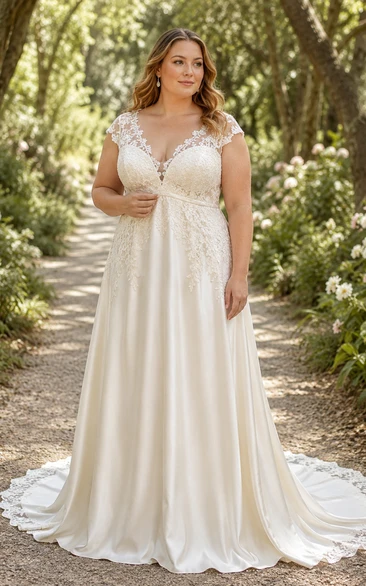 Plus Size elfenbeinfarbenes Brautkleid mit V-Ausschnitt, Spitzenoberteil, Chiffon-A-Linie