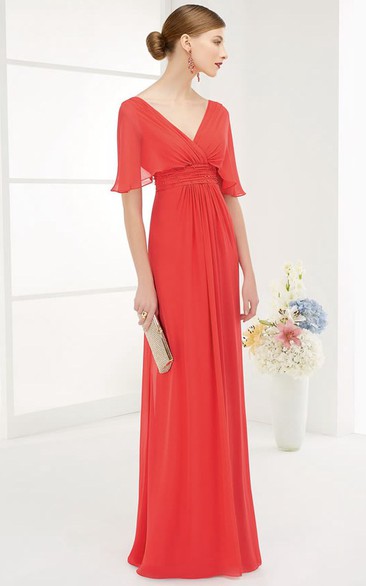 V Neck V Back Empire A-Line Chiffon Long Prom Dress With Wrap Sleeves