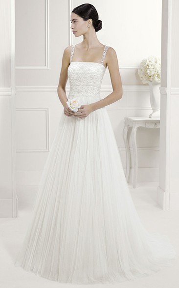 Illusion Lace Straps Square Neck A-Line Tulle Bridal Elegance Gown