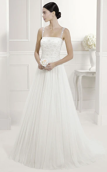 Illusion Lace Straps Square Neck A-Line Tulle Bridal Elegance Gown