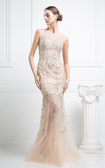 Mermaid Long Jewel-Neck Sleeveless Tulle Illusion Dress With Crystal Detailing