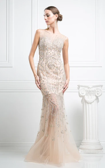 Mermaid Long Jewel-Neck Sleeveless Tulle Illusion Dress With Crystal Detailing