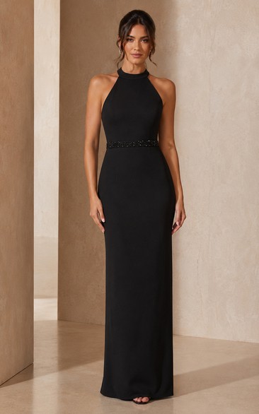 High Neck Beaded Waist Sheath Evening Gown