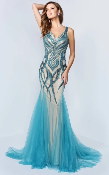 Mermaid V-Neck Sleeveless Tulle Low-V Back Dress With Beading And Pleats
