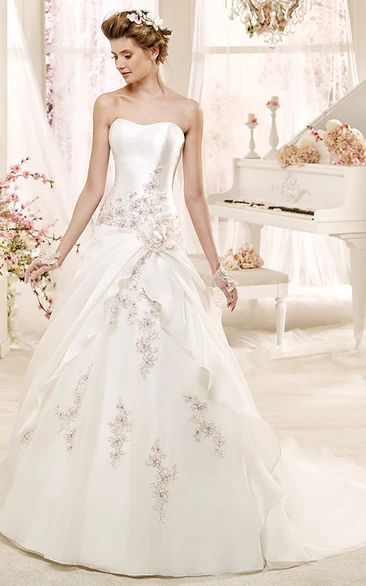 Angel Strapless Beaded A-line Wedding Dress with Asymmetrical Overlayer and Lace-up Back