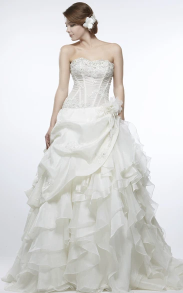 A-Line Sleeveless Strapless Cascading-Ruffle Floor-Length Organza Wedding Dress With Pick Up And Flower