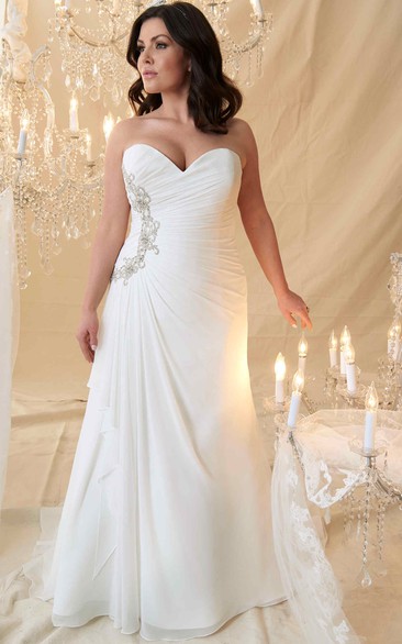 Sheath Long Beaded Sweetheart Chiffon Plus Size Wedding Dress With Criss Cross And Draping