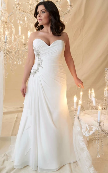Sheath Long Beaded Sweetheart Chiffon Plus Size Wedding Dress With Criss Cross And Draping