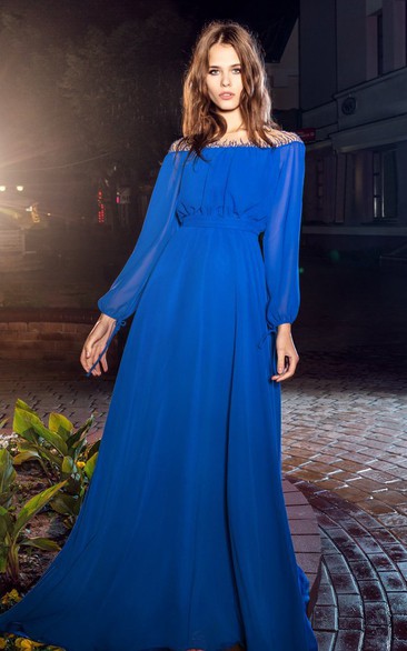 A-Line Off-The-Shoulder Balloon Long Sleeve Chiffon Illusion Dress